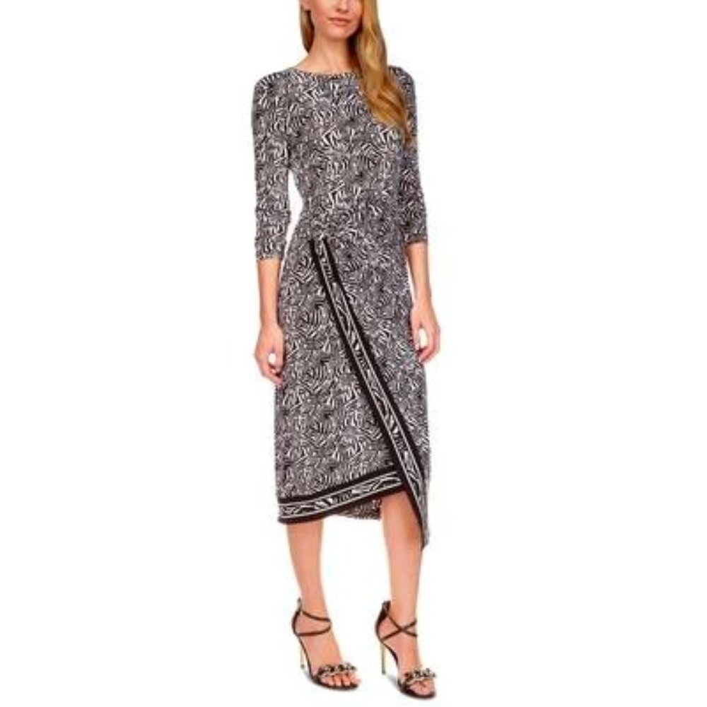 MICHAEL MICHAEL KORS Womens Black Ruched Faux Wrap Asymmetrical Hem 3/4 Sleeve